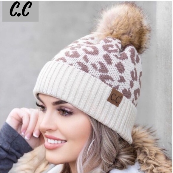 C.C Accessories - 🍁LAST1️⃣New Tan/Cream C.C. Leopard Furry Pom Hat Women's Winter Warm Beanie Hat